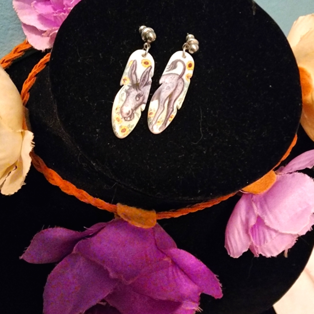 Earrings Southwestern Handpainted Carved Funny Donkey Face Butt Sunflowers
